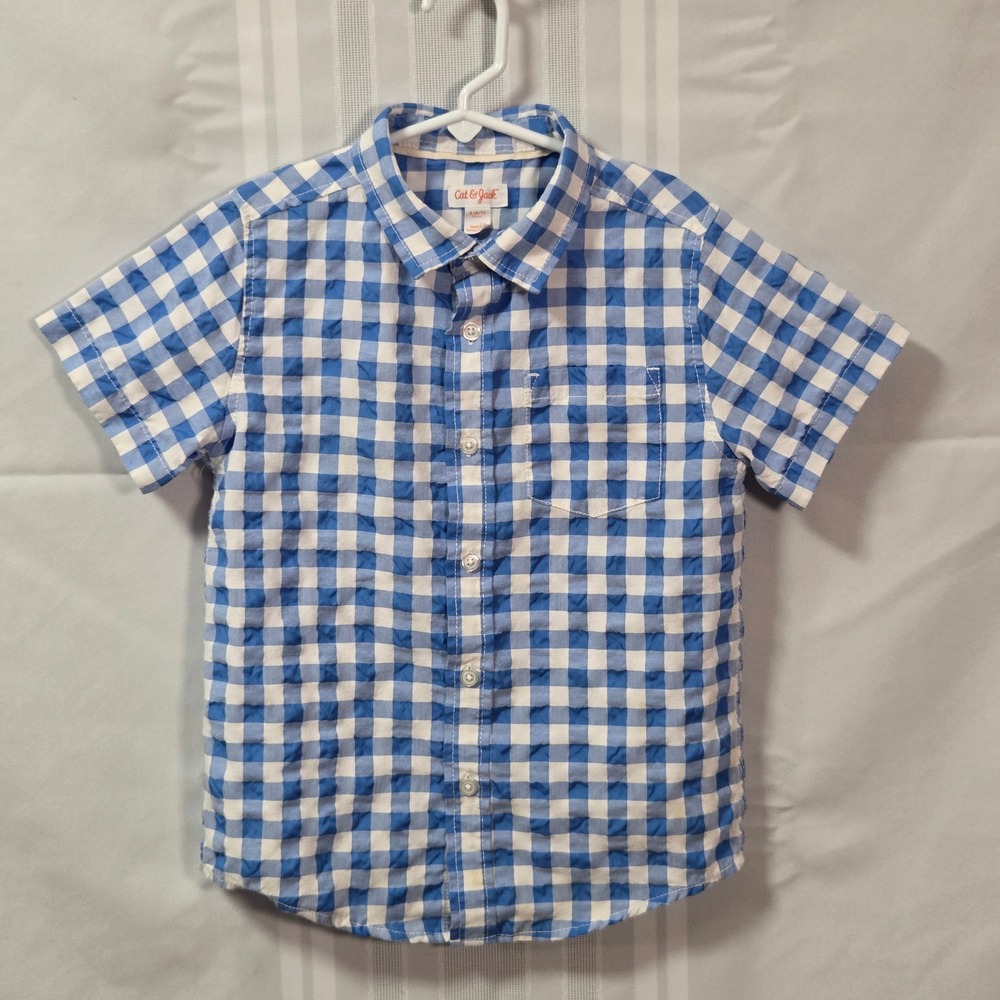 Cat & Jack Button Down Boys S 6/7 Blue Gingham Seersucker Short Sleeve Shirt